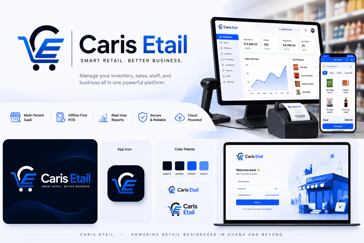 Caris Etail product overview: dashboard, mobile POS, scanner, and printer